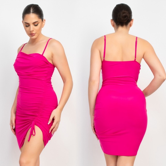 Fuchsia ruched dress with slit - Picture 5 of 10